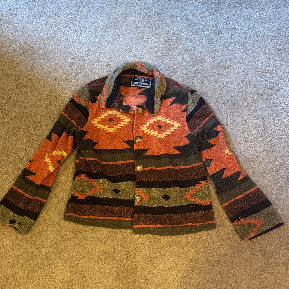 True Grit Southwestern Pattern Jacket - Orange, Green, Brown